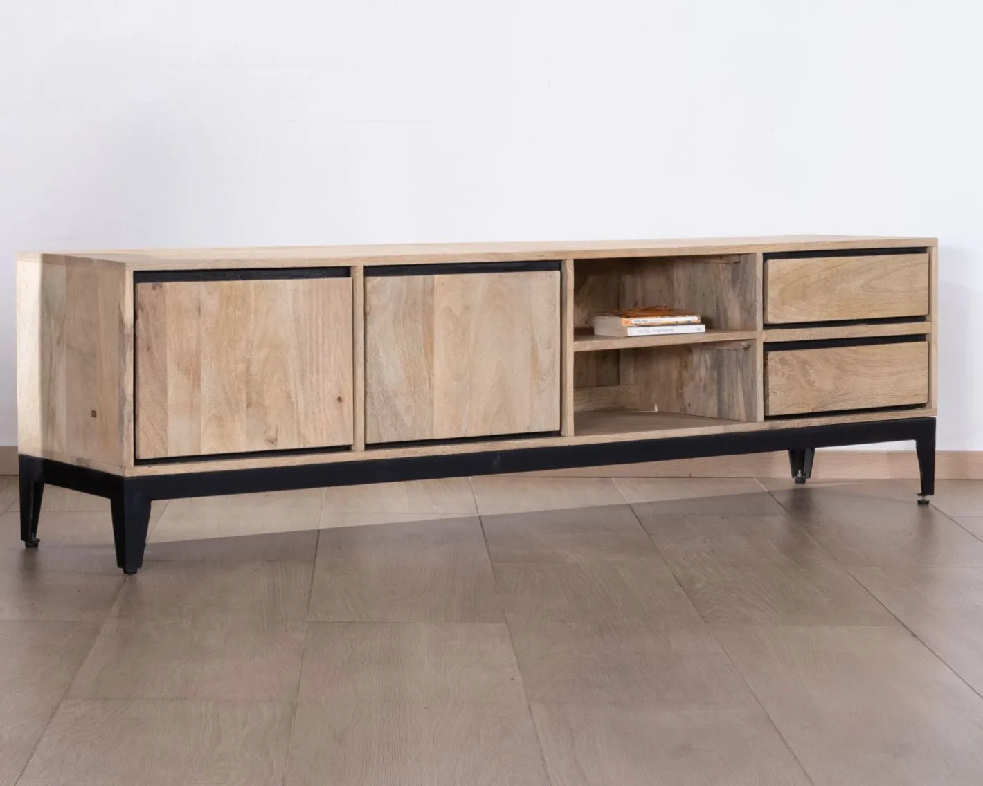 Clearance Grand meuble TV bicolore en manguier avec portes, niches et tiroirs "Bocca" 180 cm Meuble Télé