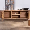 Grand meuble TV 175cm design arrondi vintage acacia massif "Boomer" 2 portes et 2 niches Meuble Télé