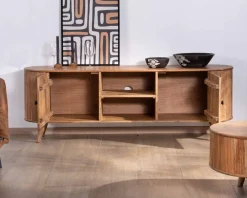 Grand meuble TV 175cm design arrondi vintage acacia massif "Boomer" 2 portes et 2 niches Meuble Télé