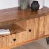 Grand meuble TV 195 cm en acacia façades gaufrées et pieds métal "Wendy" Meuble Télé
