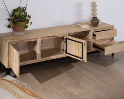 Clearance Grand meuble TV 180 cm en manguier massif avec portes, niches et tiroirs 