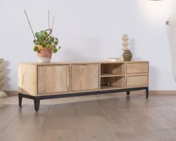 Clearance Grand meuble TV 180 cm en manguier massif avec portes, niches et tiroirs 