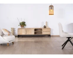 Clearance Grand meuble TV 180 cm en manguier massif avec portes, niches et tiroirs 