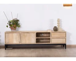 Clearance Grand meuble TV 180 cm en manguier massif avec portes, niches et tiroirs 