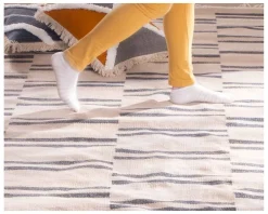 New Grand tapis blanc rayé bleu format 200x300cm "Ethnic" Décoration