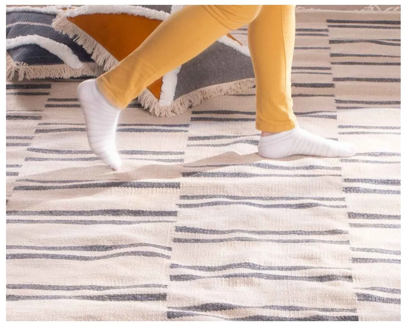 New Grand tapis blanc rayé bleu format 200x300cm "Ethnic" Décoration
