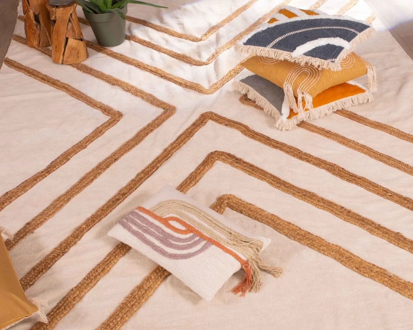 New Grand tapis de salon tissé main en coton et jute 200x300cm "Ethnic" Décoration