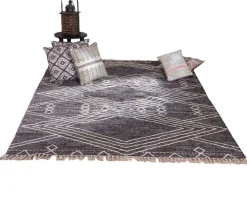 Best Grand tapis ethnique noir motifs brodés blancs