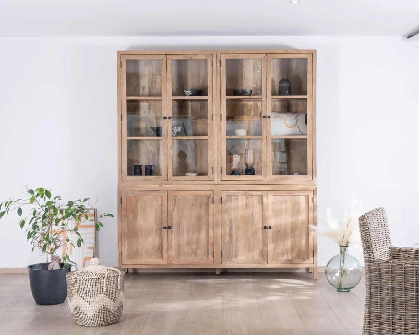 Clearance Grand vaisselier en manguier naturel et portes vitrées "Maestro" 200 cm Vaisselier