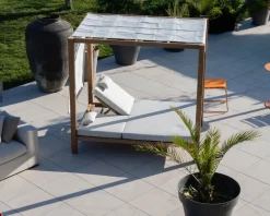 Online Lit de jardin en teck et tissu spécial extérieur gris clair