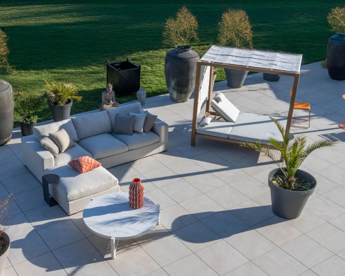 Online Lit de jardin en teck et tissu spécial extérieur gris clair "Eclipse" Canapé De Jardin|Bain De Soleil