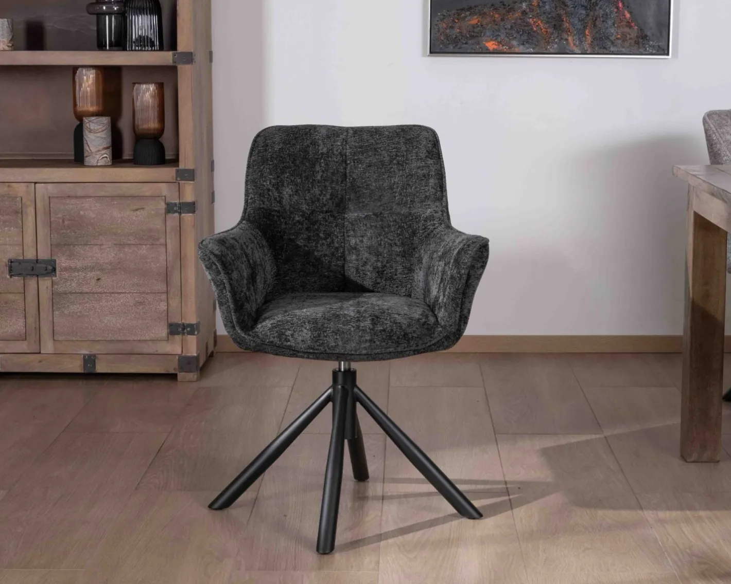 New Lot de 2 chaises avec accoudoirs en tissu noir et pied métal pivotant "Ewing" Chaise