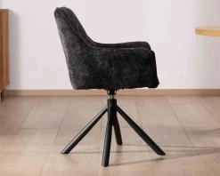 New Lot de 2 chaises avec accoudoirs en tissu noir et pied métal pivotant
