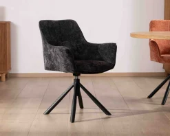 New Lot de 2 chaises avec accoudoirs en tissu noir et pied métal pivotant