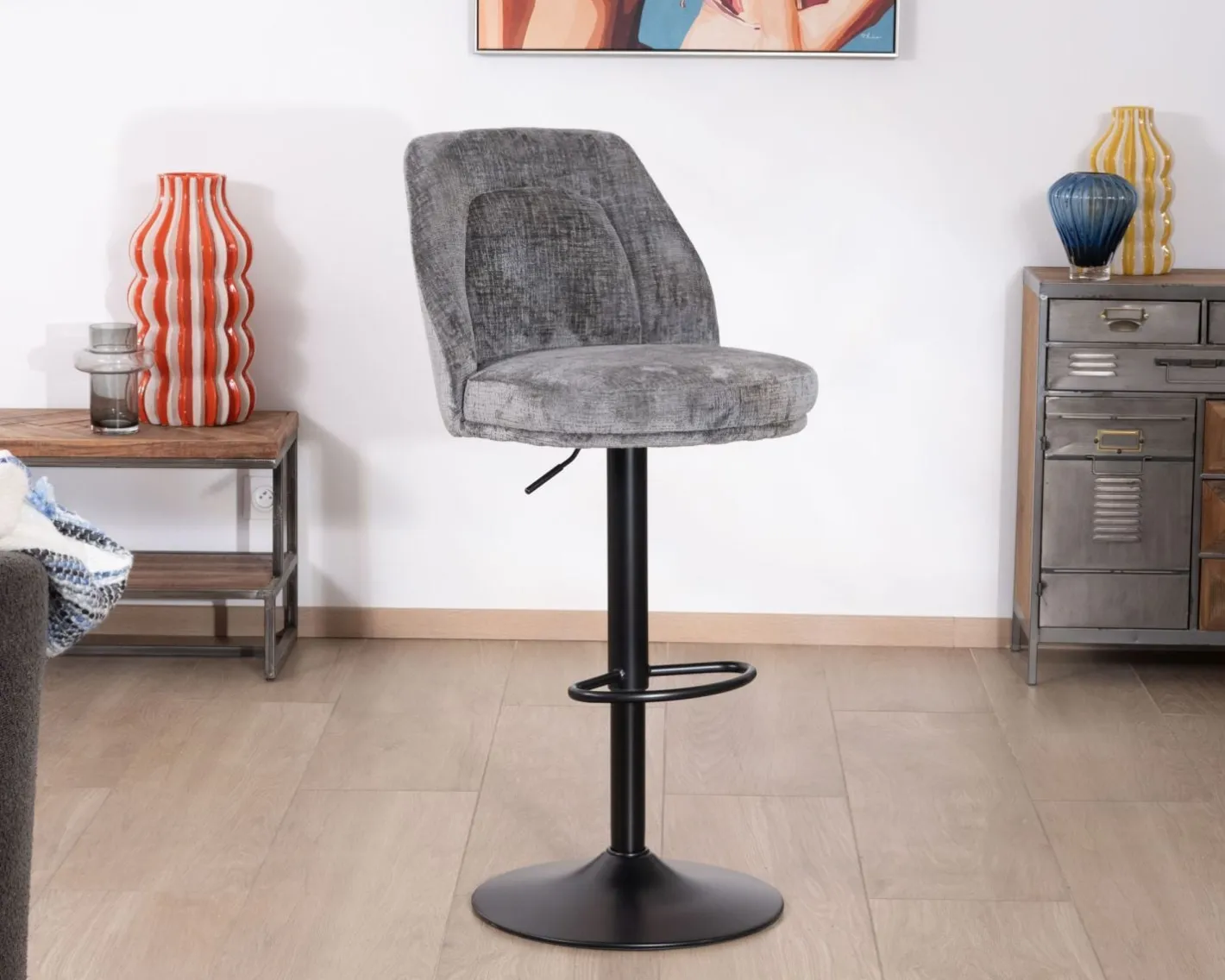 New Lot de 2 chaises de bar hauteur réglable en velours gris et pied métal noir "Zoung" Chaise De Bar