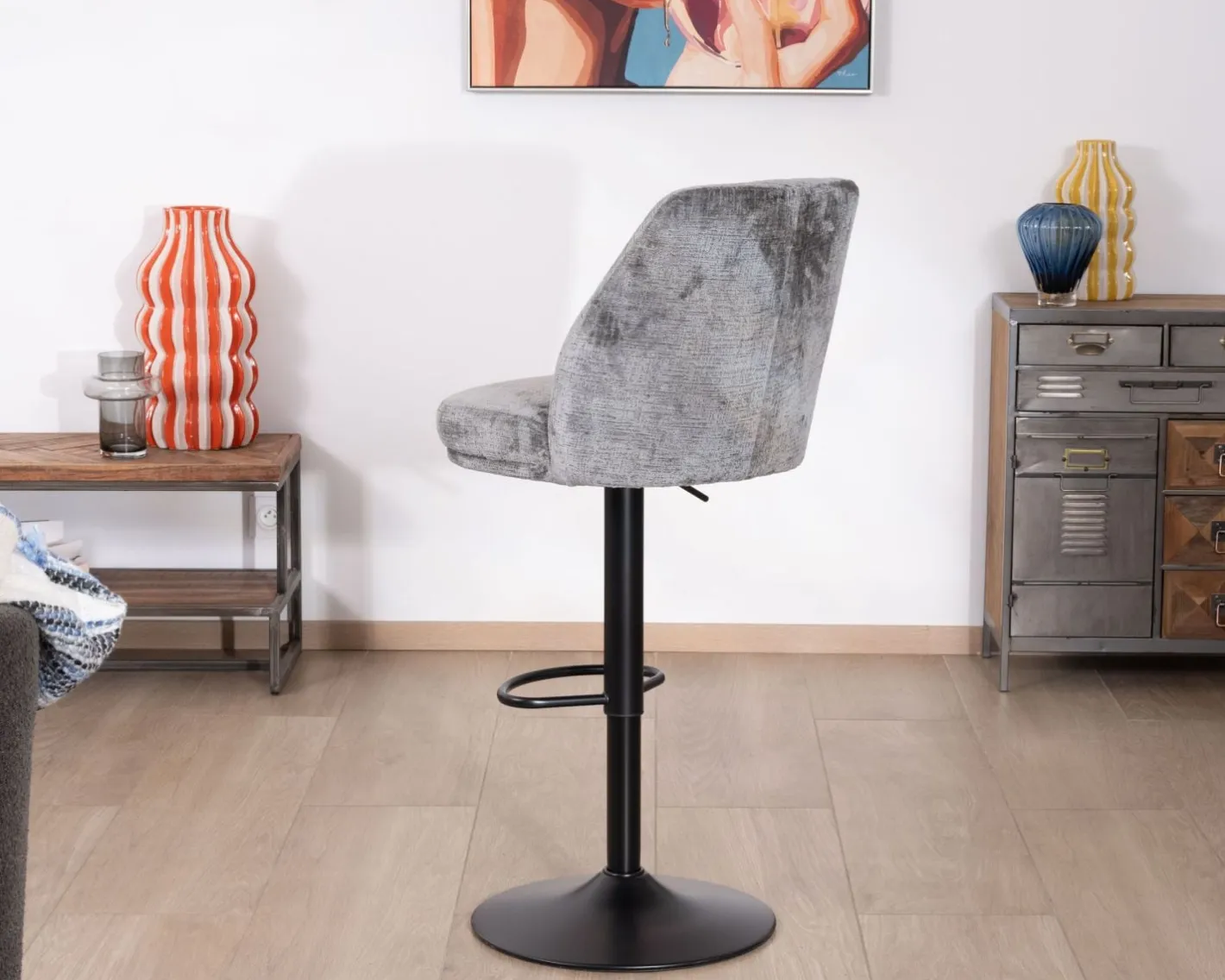 New Lot de 2 chaises de bar hauteur réglable en velours gris et pied métal noir "Zoung" Chaise De Bar