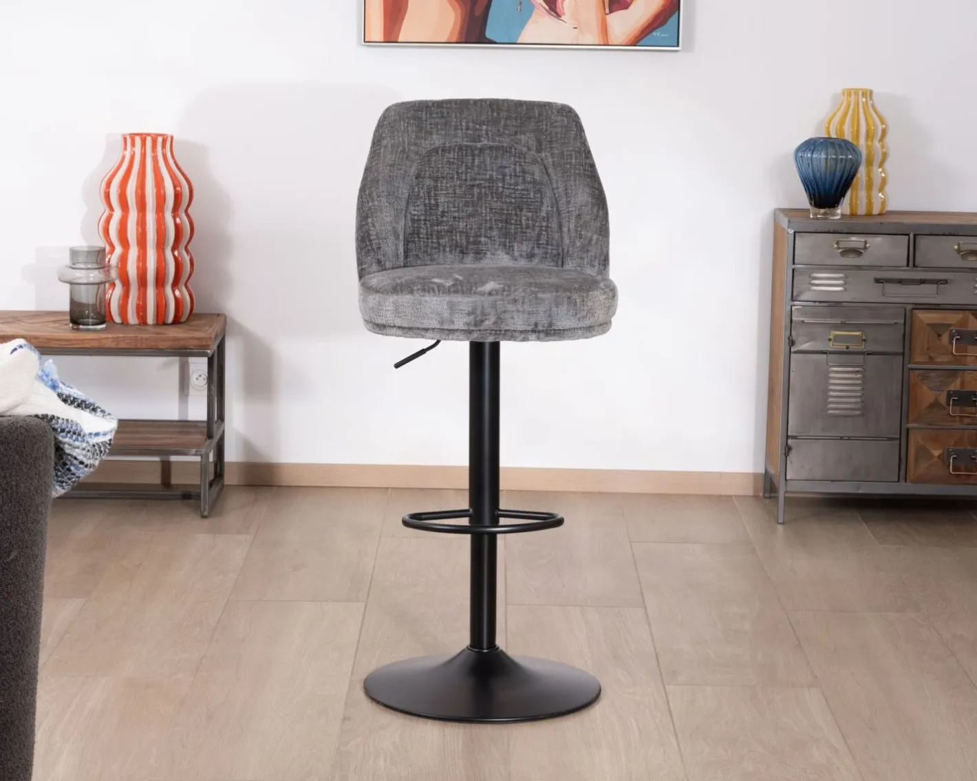 New Lot de 2 chaises de bar hauteur réglable en velours gris et pied métal noir "Zoung" Chaise De Bar