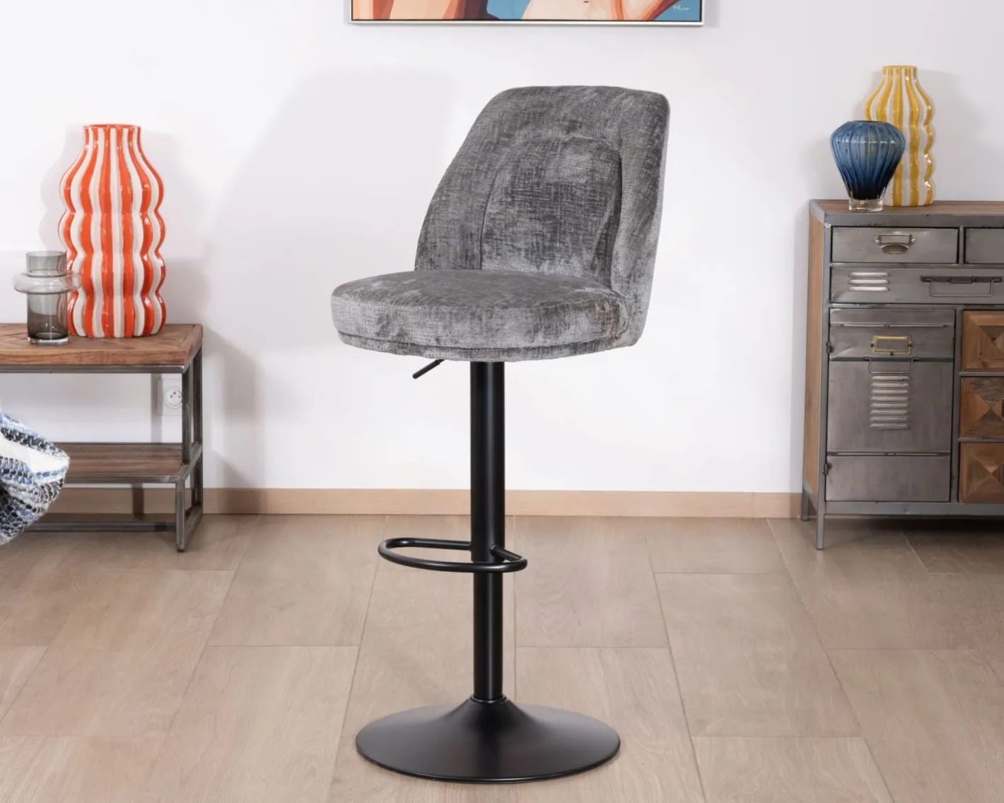 New Lot de 2 chaises de bar hauteur réglable en velours gris et pied métal noir "Zoung" Chaise De Bar