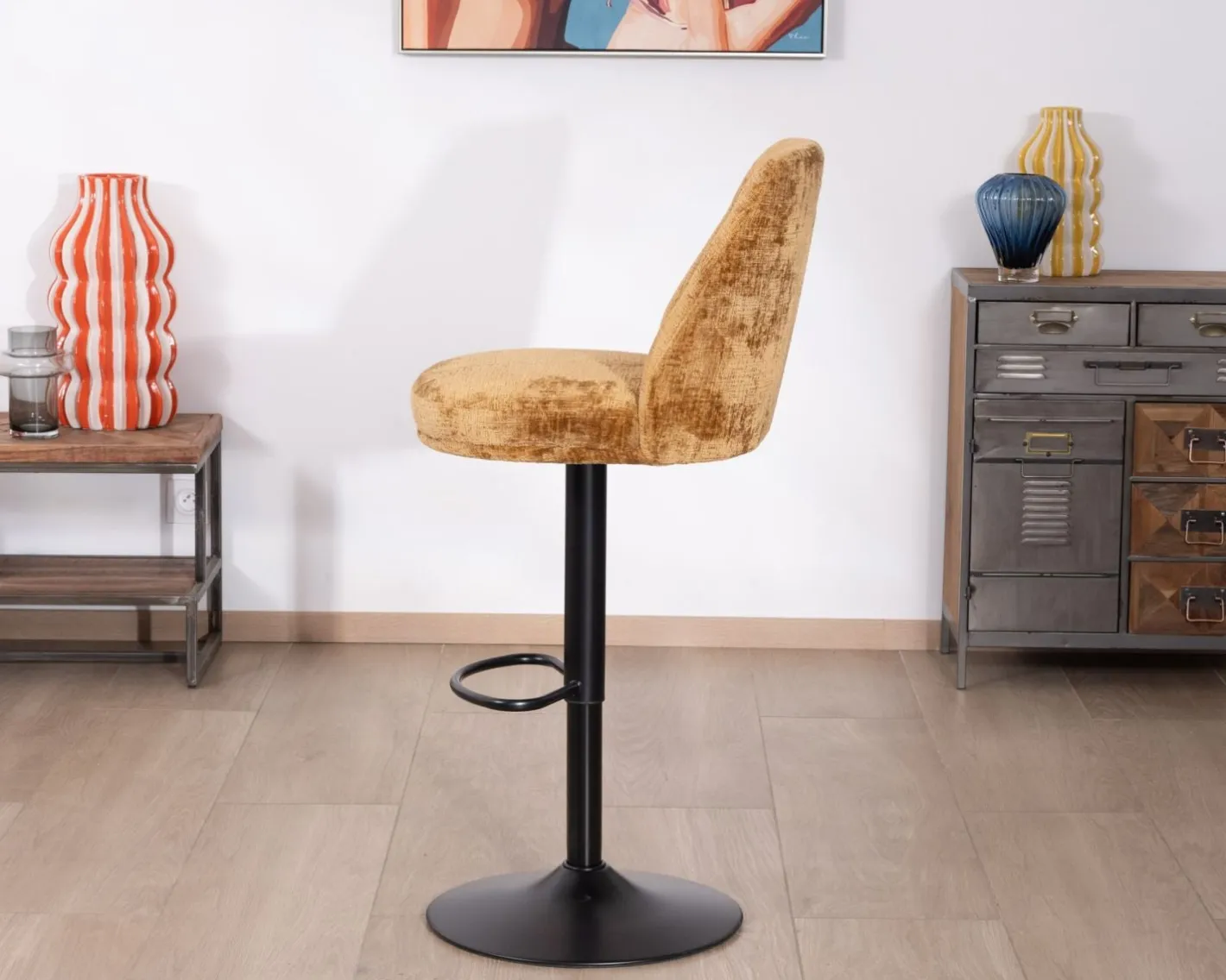 Discount Lot de 2 chaises de bar pivotantes et réglables en velours ocre "Zoung" et pied en métal noir Chaise De Bar