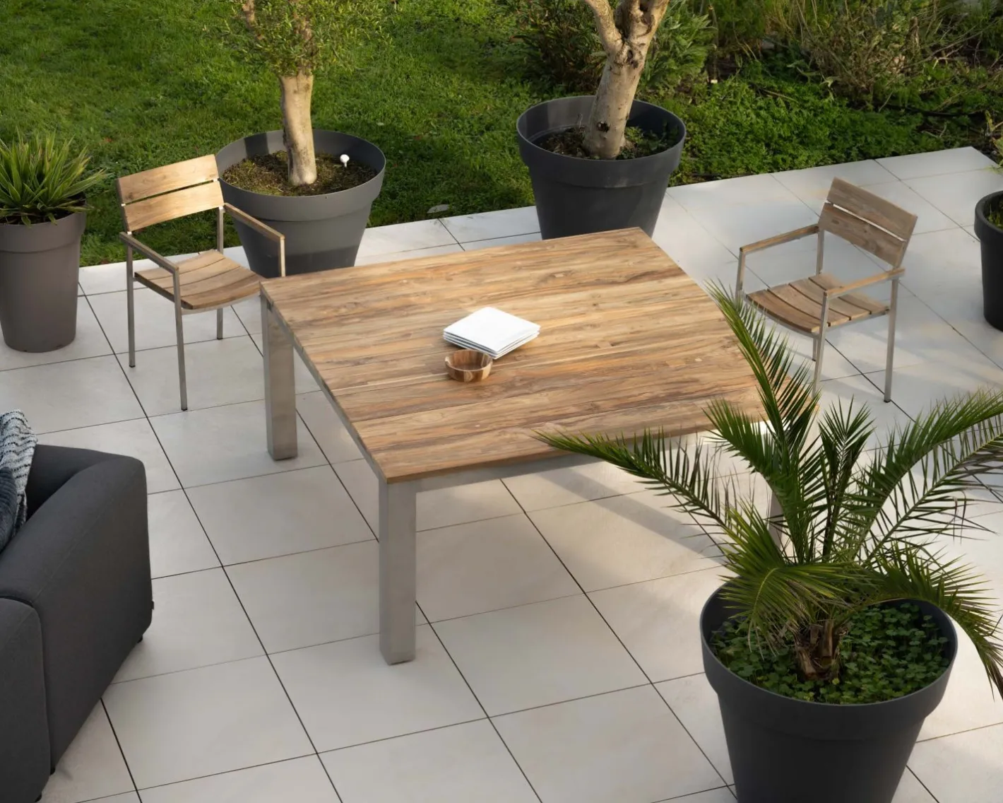 New Lot de 4 chaises de jardin empilables en teck et acier inoxydable "Melta" Chaise