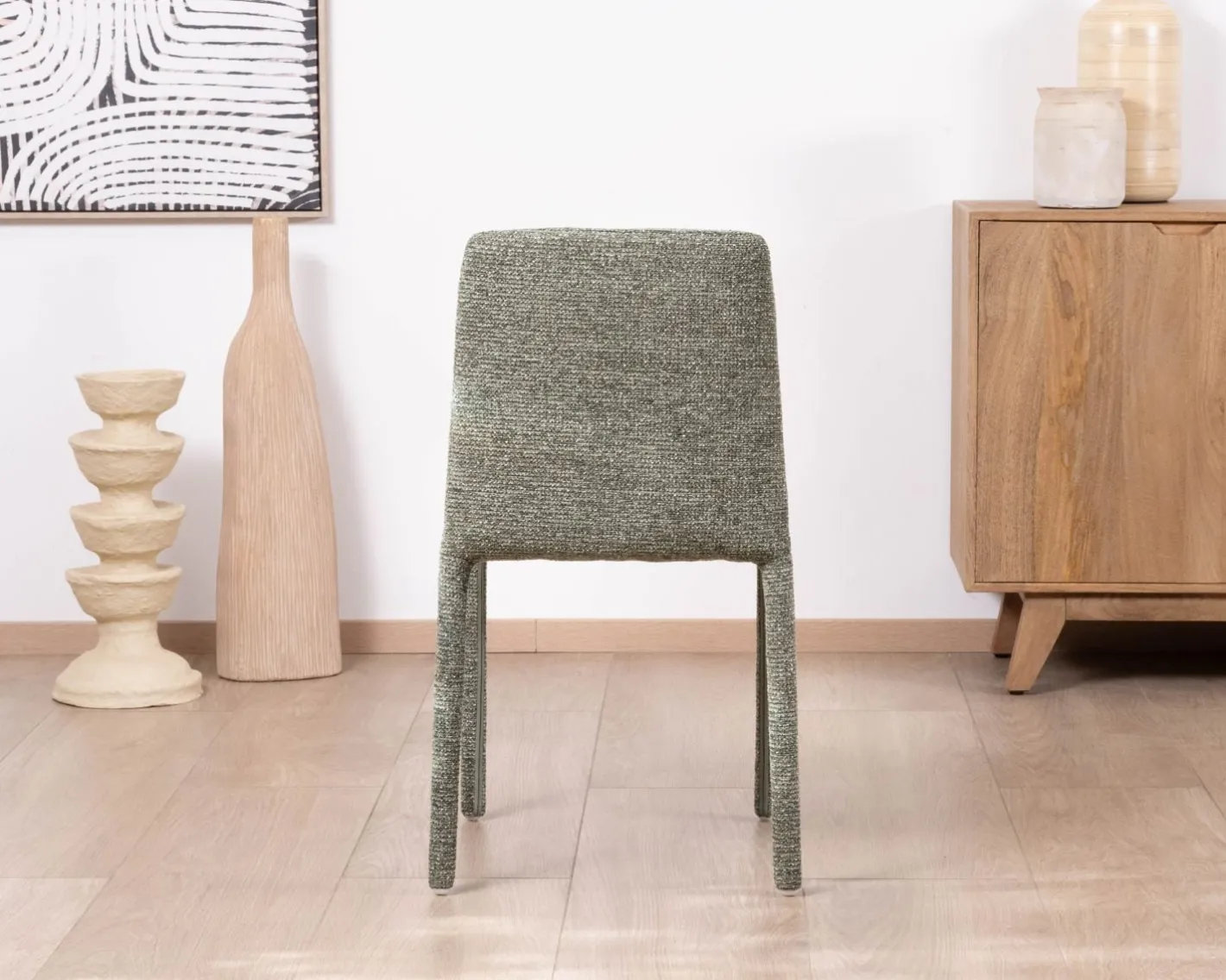 Hot Lot de 4 chaises de repas contemporaines “Otto” revêtement textile intégral en tissu vert sauge chiné Chaise