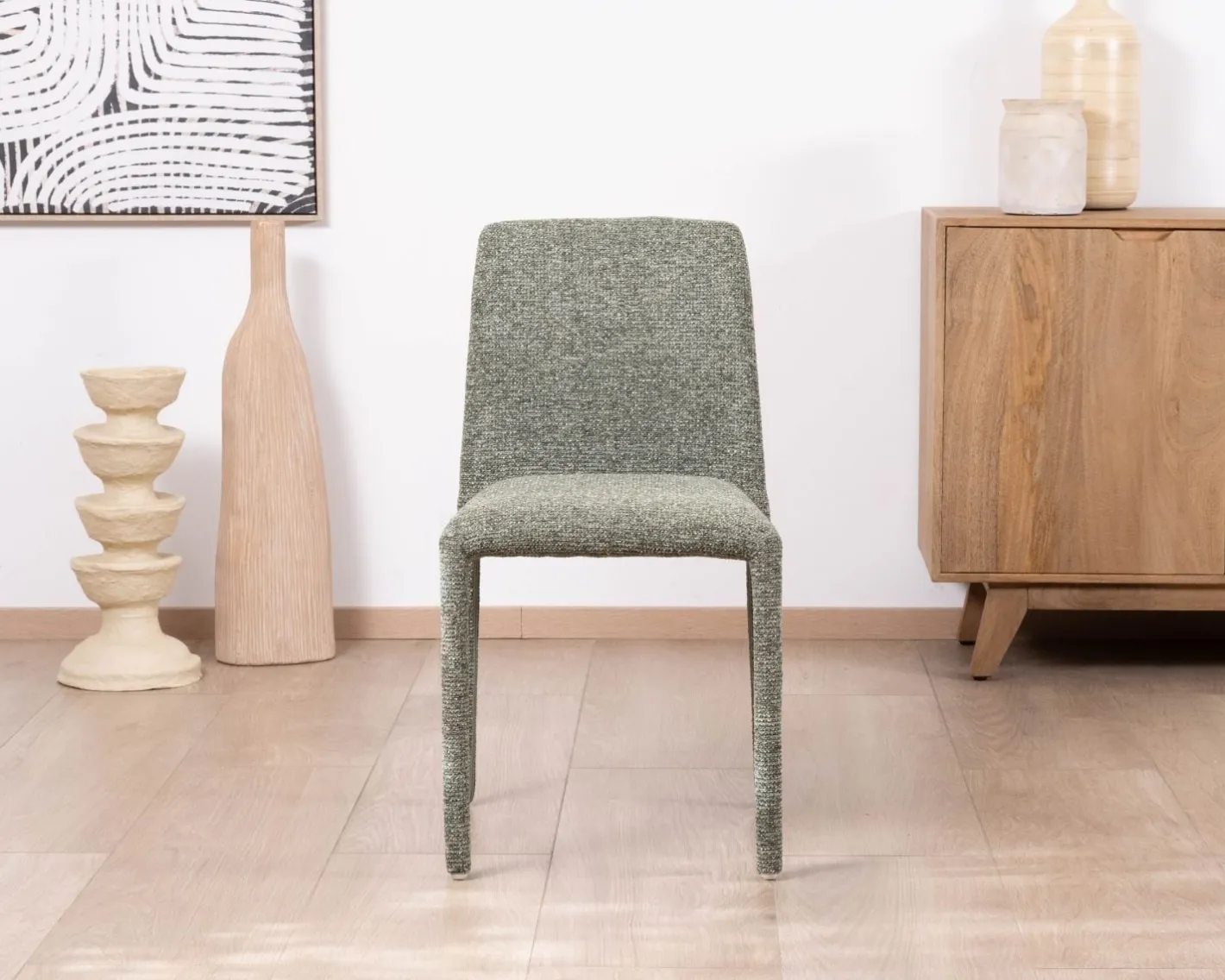 Hot Lot de 4 chaises de repas contemporaines “Otto” revêtement textile intégral en tissu vert sauge chiné Chaise