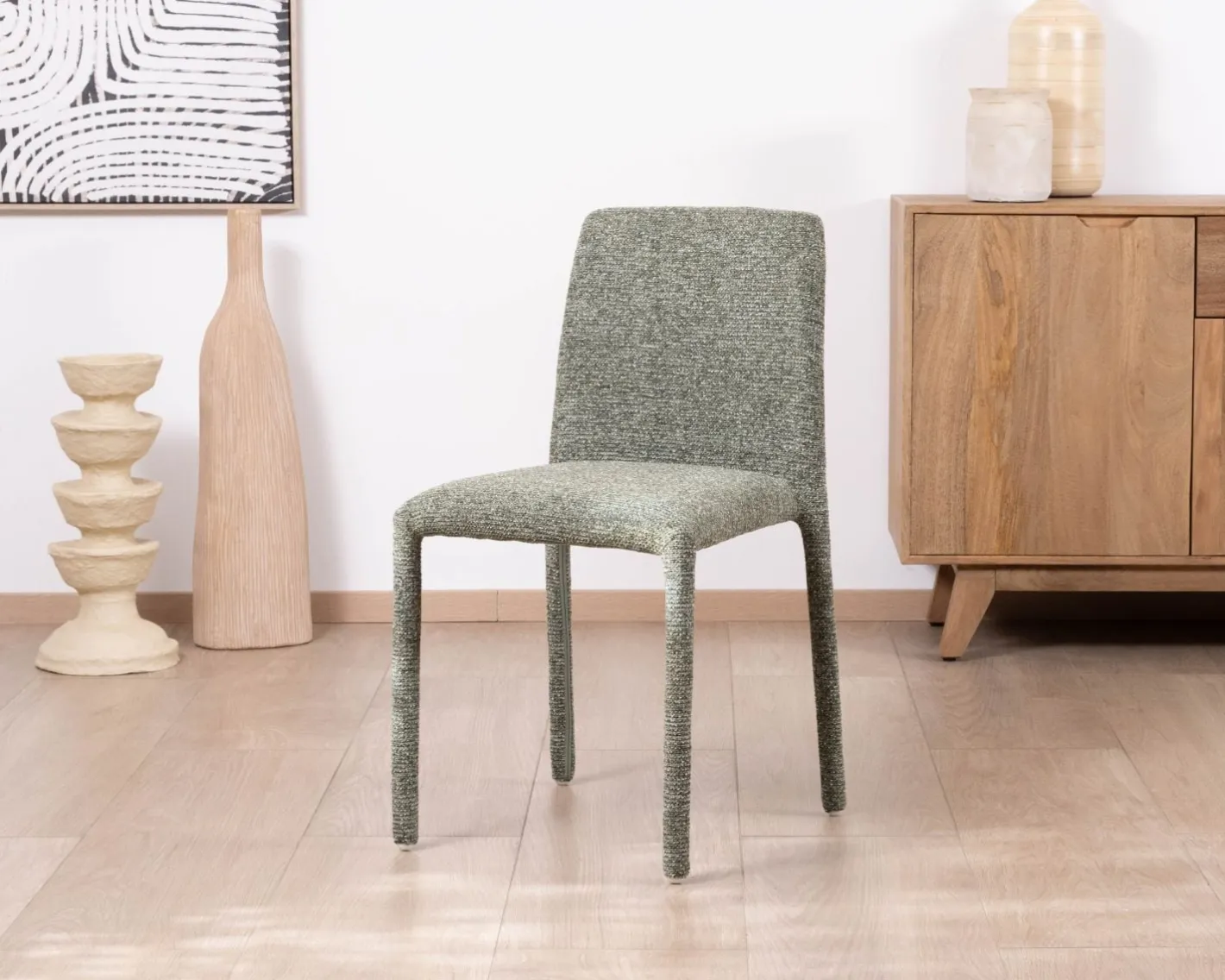 Hot Lot de 4 chaises de repas contemporaines “Otto” revêtement textile intégral en tissu vert sauge chiné Chaise
