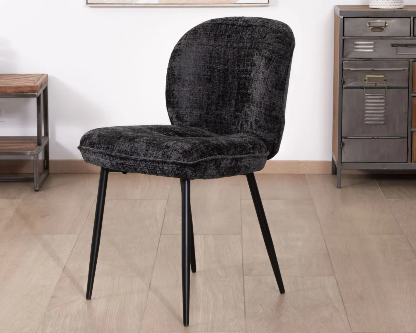 Best Lot de 2 chaises de repas design arrondi en tissu noir et pieds métal "Kinsac" Chaise