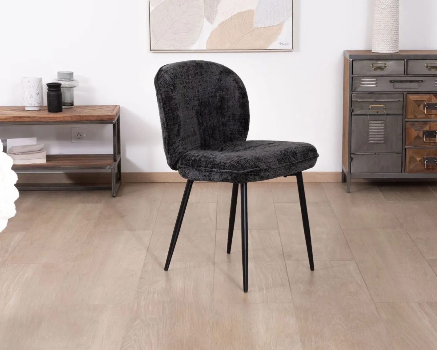 Best Lot de 2 chaises de repas design arrondi en tissu noir et pieds métal "Kinsac" Chaise