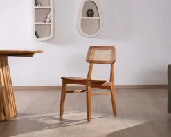 Lot de 2 chaises de repas en teck avec dossier en cannage
