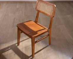 Lot de 2 chaises de repas en teck avec dossier en cannage