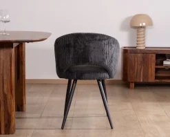 Hot Lot de 2 chaises de repas en velours côtelé anthracite et pieds métal noir vintage 