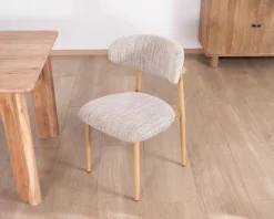 New Lot de 2 chaises de repas esprit rétro en tissu beige tramé marron "Arpège" pieds métal aspect bois clair Chaise