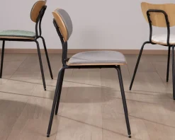 New Lot de 4 chaises de repas rétro assise bois et tissu gris "Lino" Chaise