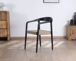Clearance Lot de 2 chaises design en bois noir et assise jute tressée 