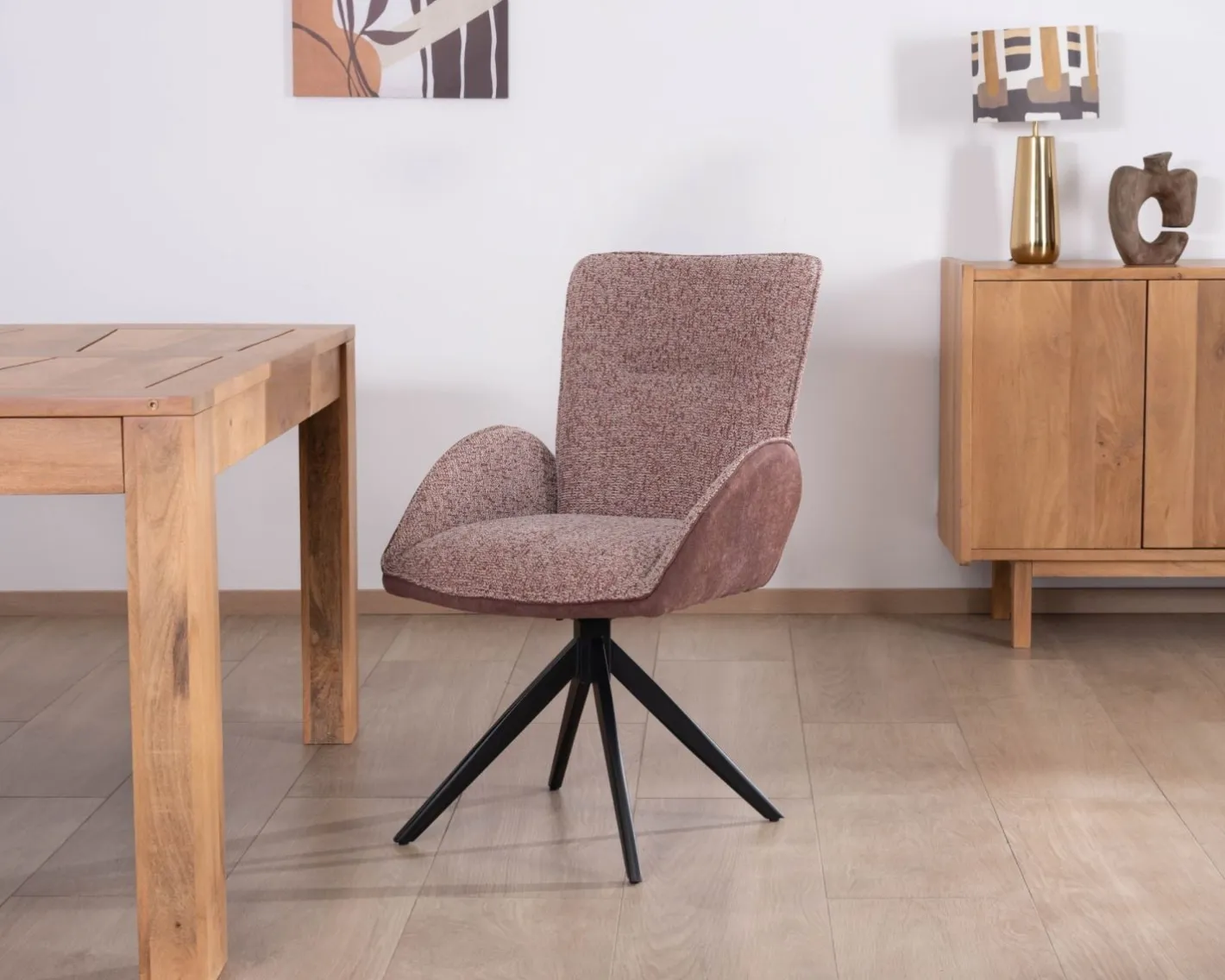 New Lot de 2 chaises en tissu bi-matière prune "Eddy" avec accoudoirs sur pied métal pivotant Chaise