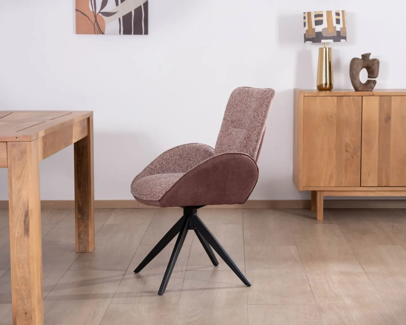 New Lot de 2 chaises en tissu bi-matière prune "Eddy" avec accoudoirs sur pied métal pivotant Chaise