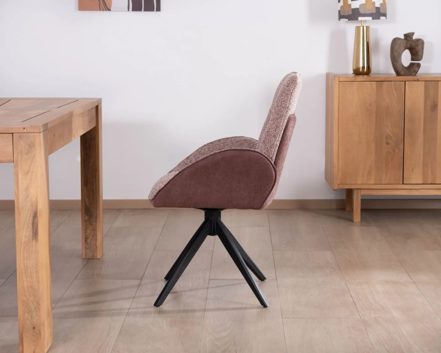 New Lot de 2 chaises en tissu bi-matière prune "Eddy" avec accoudoirs sur pied métal pivotant Chaise