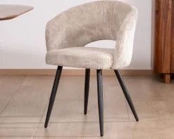 New Lot de 2 chaises vintage en velours côtelé blanc cassé et pieds métal noir 