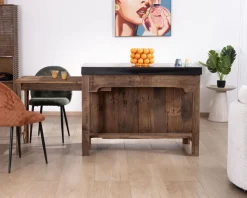 Sale Îlot de cuisine en teck recyclé avec coin snack extensible "Grana" plateau marbre noir Billot Et Ilot De Cuisine