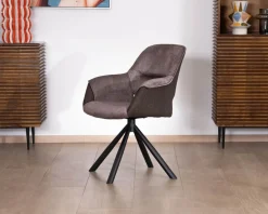 Lot de 2 fauteuils de repas enveloppants en tissu bi texturé chocolat et pied pivotant en métal