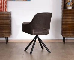 Lot de 2 fauteuils de repas enveloppants en tissu bi texturé chocolat et pied pivotant en métal