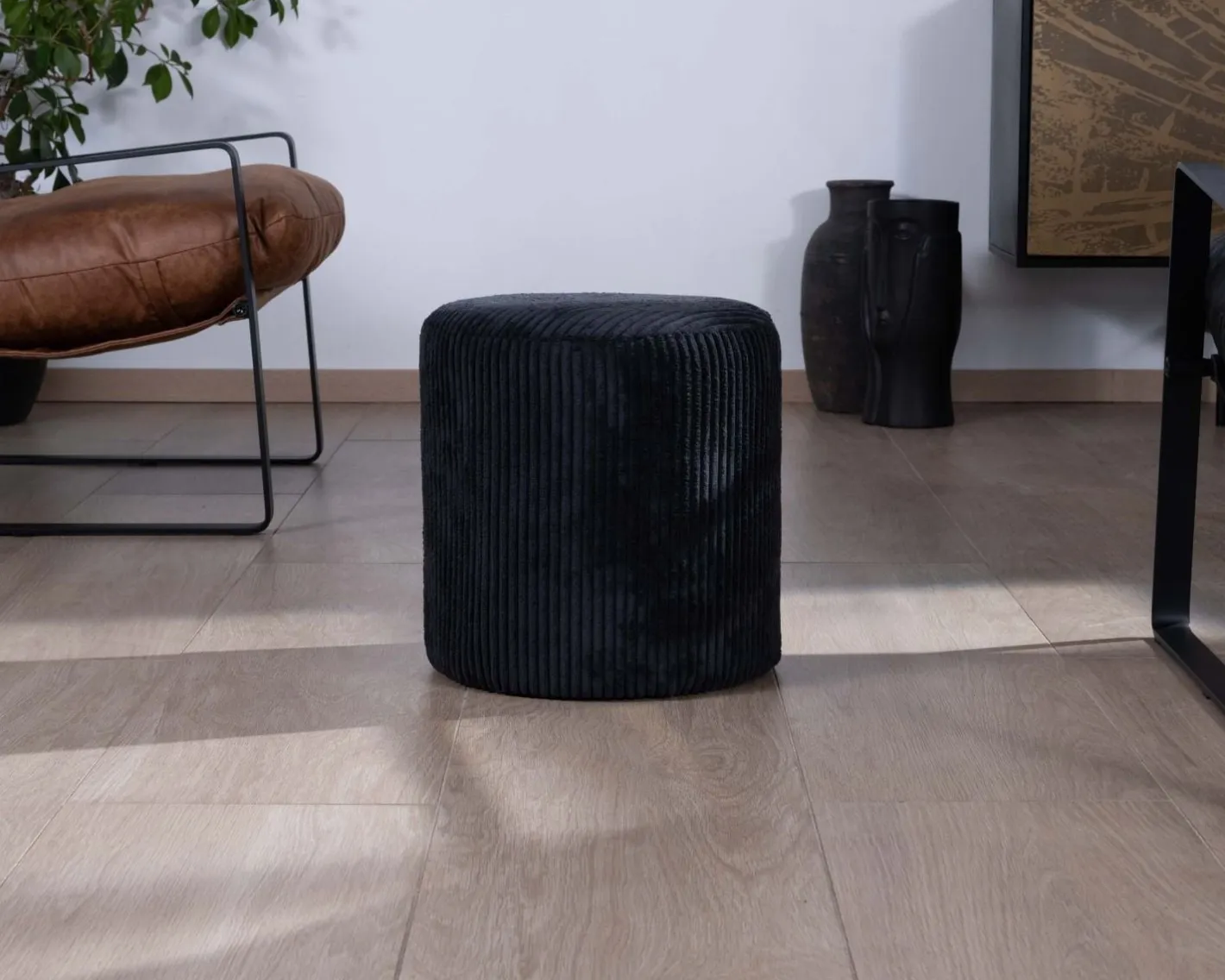 Clearance Lot de 2 poufs noirs en velours côtelé "Snaw" diamètre 35 cm Décoration