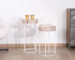 New Lot de 2 tables d'appoint rondes blanchies en bois et métal