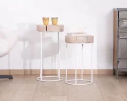 New Lot de 2 tables d'appoint rondes blanchies en bois et métal