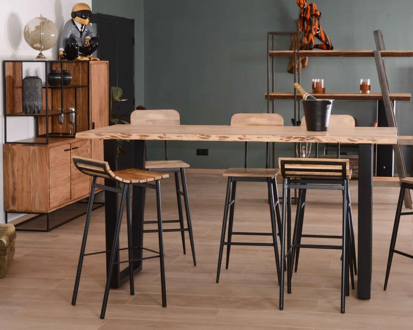 Sale Mange debout 190cm "Jaffna" style moderne bois massif et métal Table Haute Rectangulaire