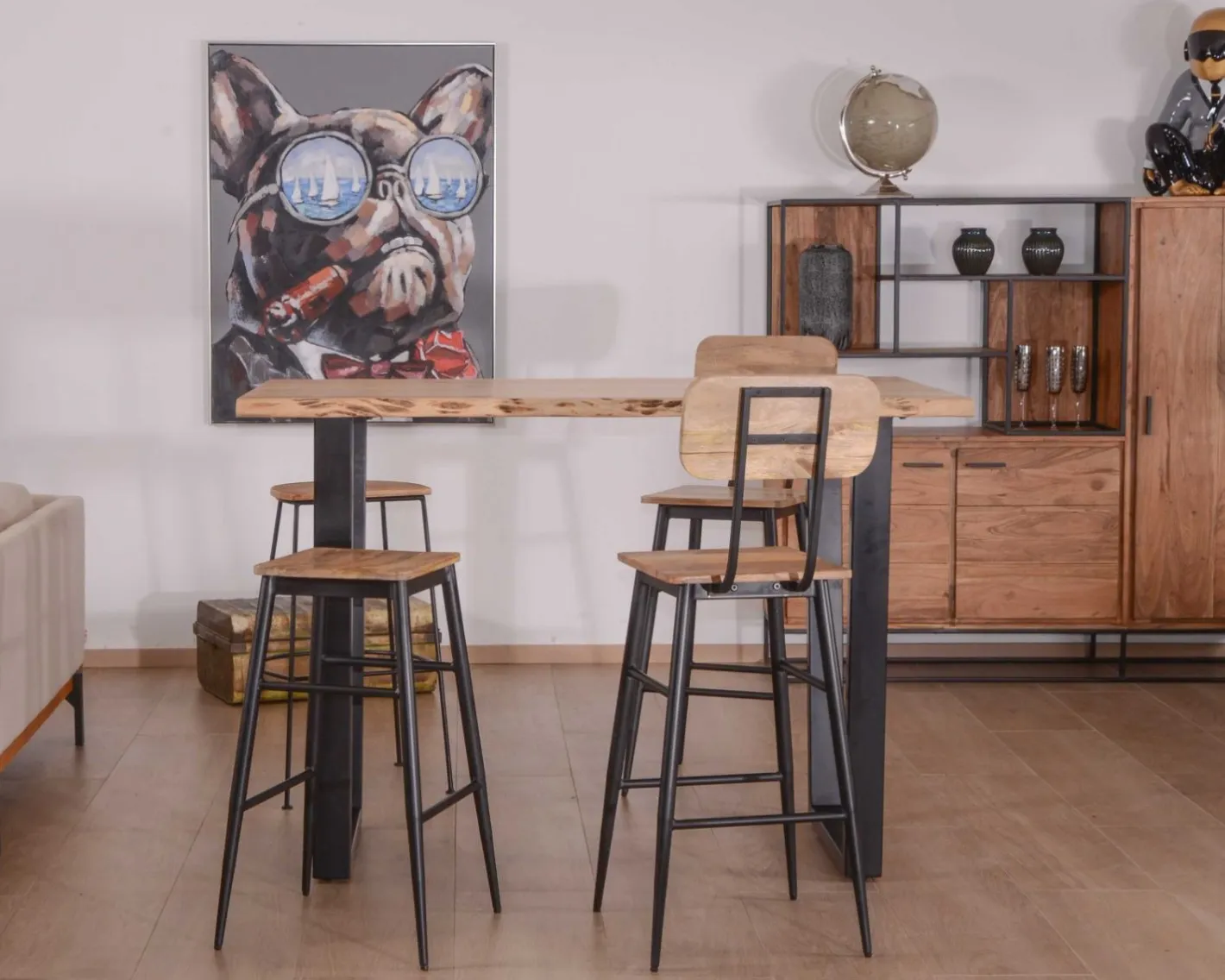 Sale Mange debout 190cm "Jaffna" style moderne bois massif et métal Table Haute Rectangulaire