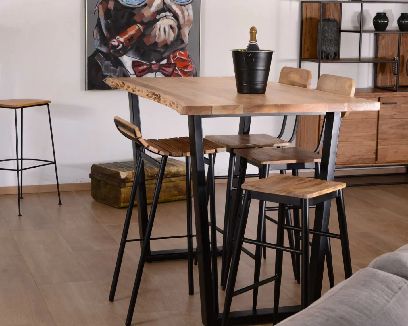 Sale Mange debout 190cm "Jaffna" style moderne bois massif et métal Table Haute Rectangulaire