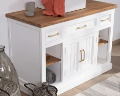 New Meuble avec vasque simple en acacia blanc "Trégastel" 120 cm Meuble Sous Vasque