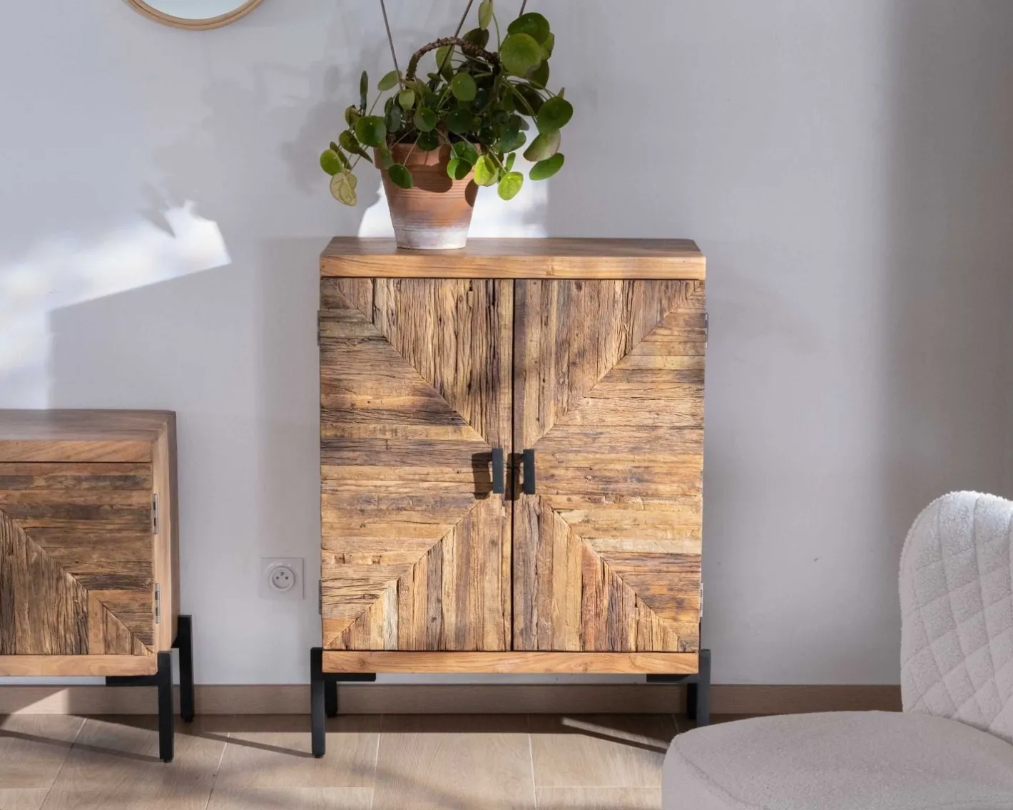 Clearance Meuble de rangement bas acacia style ethnique piètement métal "Géonidum" Rangement|Buffet Et Bahut